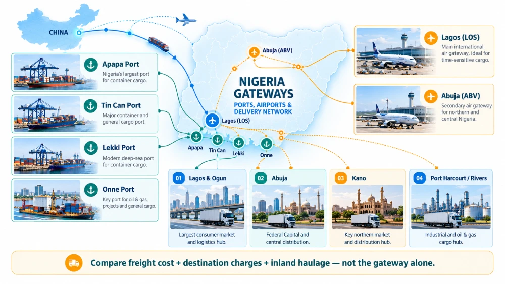 Carte des ports, aéroports et du réseau de livraison de fret intérieur du Nigeria