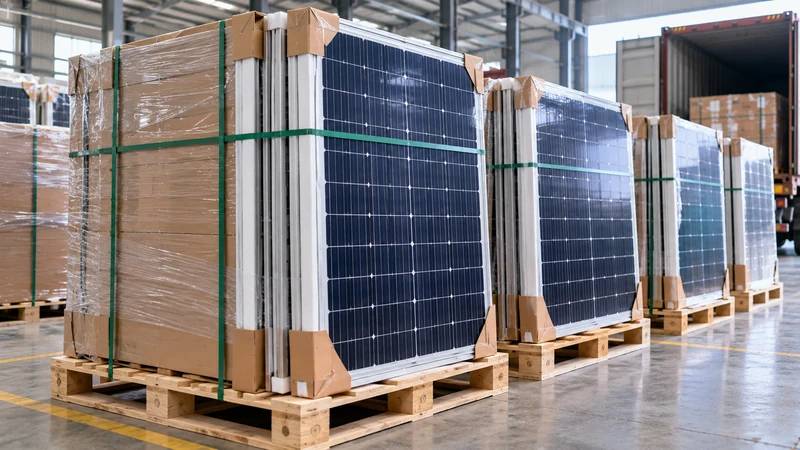 Solar panels securely packed on export pallets for sea freight from China to Nigeria
