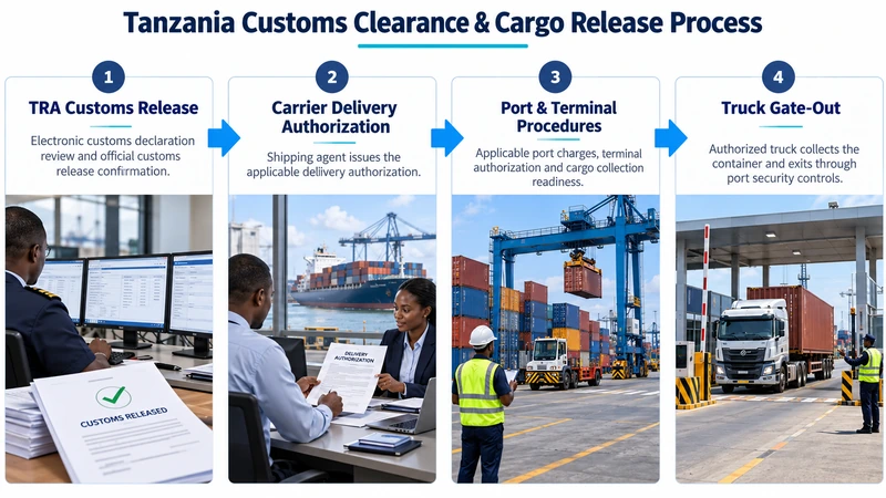 Infographic showing TRA customs release, carrier delivery authorization, port terminal clearance and truck gate-out in Tanzania.