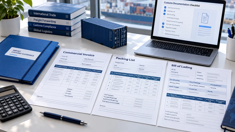 Commercial invoice, packing list and bill of lading prepared for customs clearance of goods imported from China to Tanzania.