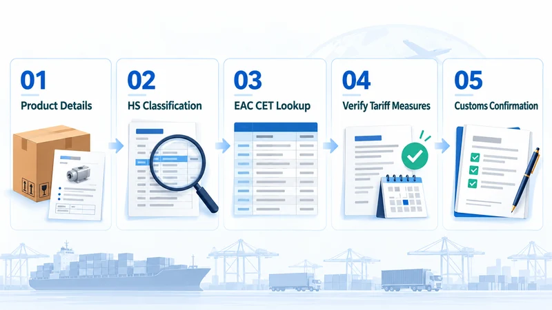 Five-step HS code lookup process for Tanzania imports, including product classification, EAC tariffs and customs verification.