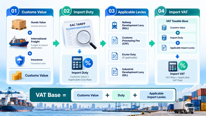 Tanzania import duty and VAT calculation infographic showing customs value, import duty, statutory levies and VAT taxable base.